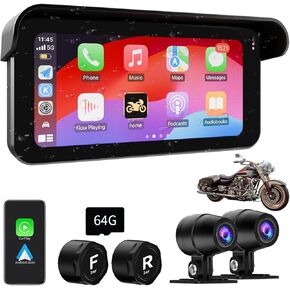 Motorcycle Camera,Motorcycle Dash Cam Front and Rear,Motorcycle Carplay&Motorcycle Android Auto, 6.25" HD 1080P Cameras, Waterproof Motorcycle GPS Navigation, Motorcycle TPMS,Siri, G-Sensor,TF-64G