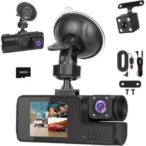3 Channel Dash Camera Front and Rear Inside,1080P HD Dash Cam Car DVR Video Recorder with 64GB Card,170° Wide Angle,WiFi,Super Night Vision, Loop Recording, Motion Detection, 24H Parking Mode