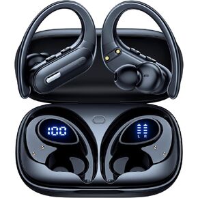 Wireless Earbuds Bluetooth 5.3 Headphones 90 Hrs Playtime Earbuds with Wireless Charging Case Power Display Over-Ear Earphones with Earhooks Waterproof Stereo Headset for Android Phone Workout Black