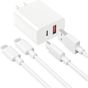[Apple MFi Certified] iPhone Fast Charger, 20W Fast Wall Charger with Dual Port PD3.0 USB-C & QC3.0 USB-A and 2 X 6ft Lightning Cables, for iPhone 14/13/12/11 Pro/XS/XR/X/8/7P/SE/iPad/AirPods