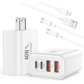 USB C Charger Block,40W 4-Port Fast USB C Wall Charger Brick Power Adapter Multiport Type C Charger Fast Charging Block and 2Pack 6ft C to C,A to Lightning Cable for iPhone 16/15/14/13/12 Pro Max/iPad