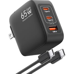 MUNBYN 65W USB C Charger, 3-Port GaN Fast Compact Foldable USB C Charger Block for iPhone 16/15, MacBook Pro/Air, iPad, Galaxy S24 and More Series