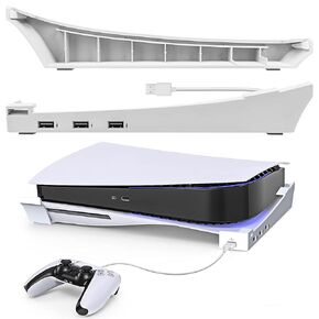 Geekria Horizontal Stand Compatible with PlayStation 5 Disc & Digital Edition Console, Cabinet Console Laydown Holder with 4-Port USB Hub, PS5 Base Holder, 1 USB 2.0 Data Port & 3 Charging Port