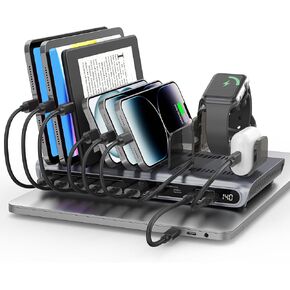 Unitek Charging Station for Multiple Devices - 140W USB C Fast Charging Stand with Digital Display for Laptop iPad iPhone Charging Dock with Smartwatch & Airpods Holder