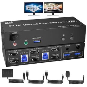 8K USB 3.0 Displayport KVM Switch 2 Monitors 2 Computers 8K@60Hz 4K@144Hz, Dual Monitor Displayport 1.4 KVM Switches with Audio Microphone Output and 3 USB 3.0 Ports, DP Switch for 2 PCs 2 Monitors