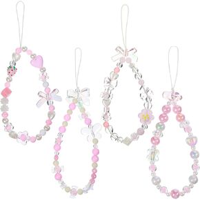 4 PCS Cute Phone Charm, Pink Beaded Phone Lanyard Wrist Strap Aesthetic Cell Phone Keychain Y2K Flower Butterfly Phone Chain for Phone Bag Camera Pendants Decor