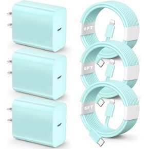 for iPhone Fast Charger【MFi Certified】 3 Pack 20W PD USB C Wall Charger Adapter with 6FT USB C to ightning Cord Fast Charging Cable Compatible with iPhone 14/13/12/11/Pro/Pro Max/Xs/Xr/X, Blue