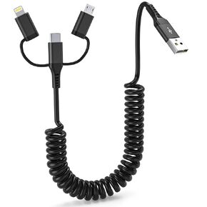 USB to USB-C and Lightning Micro-USB Cable Combo, 3 in 1 Coiled iPhone Charger Cable for Car [MFI & Apple Carplay & Android Auto] Lightning Cable Cord Compatible with iPhone 16/15/14/13/iPad/Android