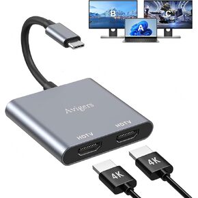 Avigers USB C to Dual HDMI Adapter, (2 in 1) USB C Hub Multiport Adapter with 2 HDMI, Dual Monitor Adapter Support Laptop USB C to HDMI Splitter 1 in 2 Out Extended Display for USB C Device