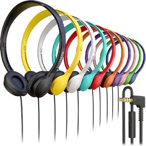 10 Pack Bulk Wired On-Ear Leather Headphones with Microphone and 3.5mm Connector, Multi