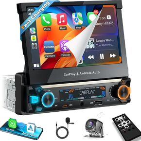 【SOOEMAKA】Newest Single Din Touchscreen Radio with Wireless Carplay&Android Auto,7 inch QLED Motorized Flip out Car Stereo Upgrade Type-C Fast Charging/Dual wifi/Bluetooth 5.1/AM/FM/DSP/Backup Camera