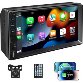 7 inch Double Din Car Stereo,Carplay Screen for Car with Wireless Apple Carplay & Android Auto,Backup Camera,Car Audio Receivers with Voice Control,MirrorLink,Bluetooth,SWC,FM Car Stereo