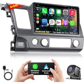 (4GB RAM 64GB ROM) Car Stereo Radio with CarPlay and Android Auto for Honda Civic 2006-2011, 10.1 Inch Android Touch Screen Bluetooth Radio, GPS Navigation, WiFi, HiFi Sound, Backup Camera, FM Radio