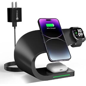 AMLINK 4 in 1 Wireless Charger, Magnetic Wireless Charging Station for iPhone 15/14/13/12/Pro/Max/Plus, Fast Charging Stand Dock for Apple Watch 8/7/6/SE/5/4/3/2, AirPods 3/2/Pro(Black)