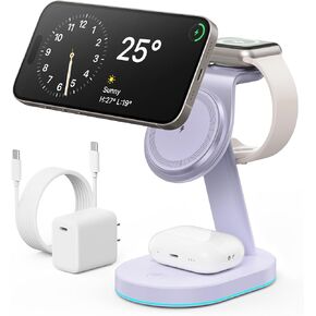 3 in 1 Wireless Charger Charging Station for iPhone,15W Fast Charger Magnetic Charging Stand for Mag-Safe with 30W USB C Adapter&Friendly Night Light for iPhone 16/15/14/13/12,Apple Watch,AirPods