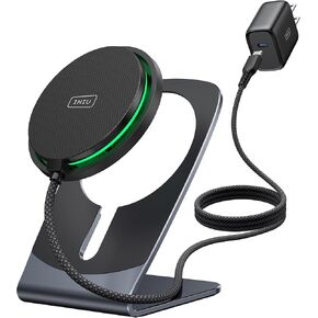 INIU for Charger, 15W Fast Charging Magnetic Wireless Charger Stand, Upgraded Travel Wireless Charging Station with Sleep-Friendly Adaptive Light, for iPhone 16/15/14/13/12 Series, Airpods