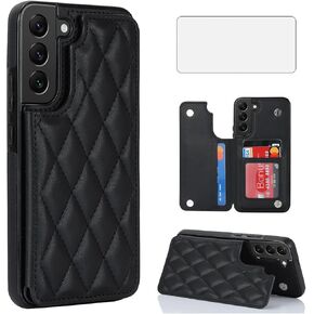 Asuwish Phone Case for Samsung Galaxy S22 Plus S22+ 5G Wallet Cover with Tempered Glass Screen Protector and Leather RFID Credit Card Holder Stand Cell S22+5G S22plus 22S + S 22 22+ Women Men Black