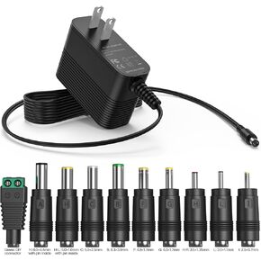 12V 2A Power Supply 12 Volt AC Adapter with 10 Interchangeable Jacks, DC 12V Power Cord Replacement Universal 12V Charger for LED Strip Light for CCTV Camera for BT Speaker for GPS, Webcam, Router