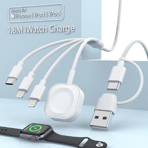 Travel Multi 6-in-1 USB C Universal Smart Watch Fast Charging Cable,1.8M/6FT Type C+USB A Watch Charger+Lightning+Type C Cord Combo Adapter for iWatch Series9 8 7 6 5 4 3 2SE/iPhone 15 14 13/iPad Pro