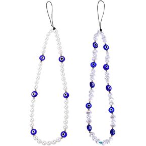 GSHLLO 2 Pcs Evil Eye Phone Charms Phone Beaded Keychains Handmade Phone Wrist Lanyard Cute Cell Phone Wrist Straps Aesthetic Phone Case Straps for Couple
