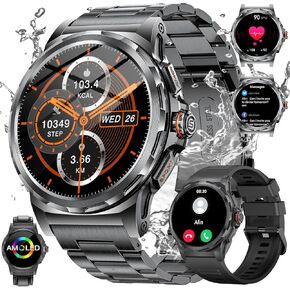 Military Smart Watch for Men (3 Strap), Tactical Smart Watches for Bluetooth Call, Blood Pressure/Heart Rate/Sleep Monitor Watch, 1.43" AMOLED Men Smart Watches for iOS Android Compatible