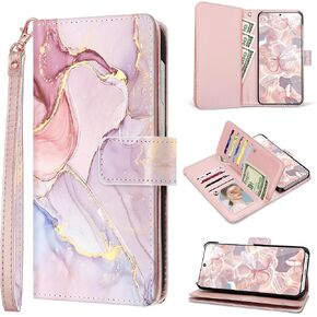 Fingic for Samsung Galaxy S25 Plus Case Wallet for Women Girls[with 9 Card Holder]Marble Rose Gold PU Leather Detachable Wrist Strap Fullbody Slim Shockproof Flip Case for Samsung Galaxy S25 Plus,2025