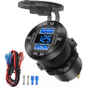 78W 12V USB Outlet 4 Port Car Charger Socket, Dual PD USB C and Dual Quick Charge 3.0 Port Aluminum Charger with Voltmeter DIY Kit Waterproof for Car Boat Marine Motorcycle RV ATV Truck Golf Cart, etc