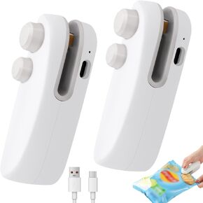 Mini Bag Sealer for Plastic Bags Snack Bags, 2 in 1 USB-C Rechargeable Portable Bag Sealer for Plastic Bag Sealer Heat Seal with Cutter and Magnet (2, White)