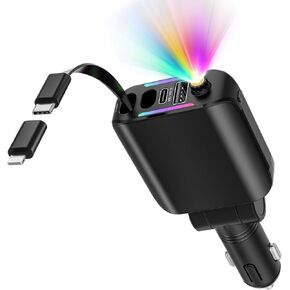 Retractable Car Charger with Starlight, 4 in 1 [120W] USB C for iPhone and Android Car Charger Fast Charging, Compatible with iPhone 16/15/14/13/12/11, Valentines Gifts for Women Men (Black)