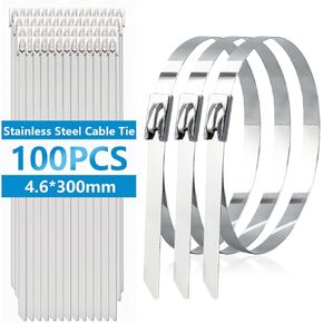 100Pcs Metal Zip Ties 11.8 Inch 304 Stainless Steel Cable Ties Heavy Duty Self-locking Zip Ties for Outdoor Fence Farm Cable Pipe Garden Lamp H-082-100PCS