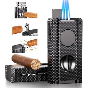 5-in-one Cigar Lighter with V-Cut Cigar Cutter, Cigar Punch, Cigar Draw Enhancer, Cigar Holder, Refillable Butane Triple Windproof Flames Torch Lighter, Cigar Accessories Tool, Cigar Gifts for Men