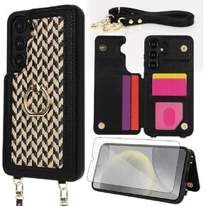 Asuwish Phone Case for Samsung Galaxy S24 Plus S24+ 5G Wallet Cell Cover with Tempered Glass Screen Protector Ring Stand Card Holder Crossbody Lanyard Shoulder Strap S24plus 24S + S 24 24+ Women Black