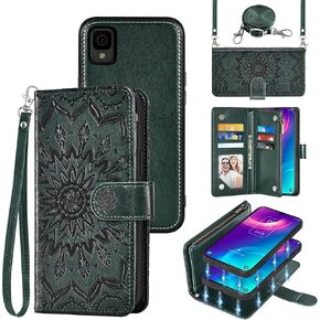 Phone Case for TCL 30Z/30 LE T602DL Zipper Wallet Magnetic Detachable Cell Cover with Screen Protector Crossbody Lanyard Strap Flip Card Holder Slot TCL30Z 30 Z 30LE 4G LTE 2022 6.1 inch Dark Green