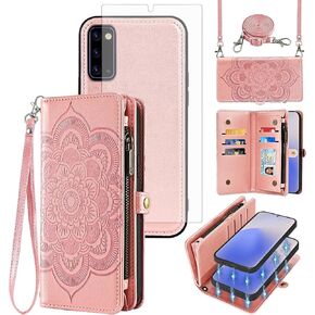 Asuwish Phone Case for Samsung Galaxy Note 20 5G Zipper Wallet Detachable Cell Cover with Tempered Glass Screen Protector Strap Flower Card Holder Note20 Notes 20s Twenty Not S20 Women Girls Rose Gold