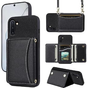 Phone Case for Samsung Galaxy Note 10 5G Wallet Cover with Crossbody Shoulder Strap and Leather Credit Card Holder Pocket Slim Stand Cell Accessories Note10 Notes 10s Ten Not S10 Girls Black