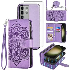 Asuwish Phone Case for Samsung Galaxy S23 Ultra 5G Zipper Wallet Detachable Cell Cover with Tempered Glass Screen Protector Strap Flower Card Holder S23Ultra 23S S 23 23Ultra 6.8 inch Women Girls Gray