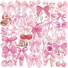 Pink Coquettte Bows Stickers Decals - 100 Pcs Cute Aesthetic Y2K Bow Cherry Cowgirl Boot Strawberry Waterproof Vinyl Sticker Decal Gifts for Teen Girls DIY Water Bottle Phone Cases Journal Decor
