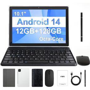 Tablet, Android 14 Tablet 10 Inch, 12GB RAM 128GB ROM, 1TB Expandable, Octa-Core Tablet with Keyboard, Mouse, Stylus, 1280 * 800 IPS, 6000mAh Battery, WiFi 6,BT 5.4, Dual Camera