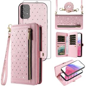 Asuwish Phone Case for Samsung Galaxy A53 5G Zipper Wallet Detachable Magnetic Cell Cover with Screen Protector Crossbody Strap Bling Flip Credit Card Holder A 53 G5 53A SM A536U 6.5" 2022 Women Pink