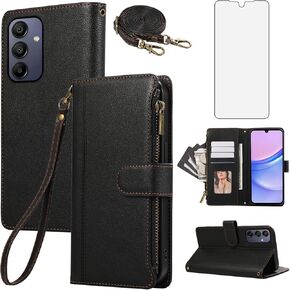 Asuwish Phone Case for Samsung Galaxy A15 5G/4G Zipper Wallet Cell Cover with Tempered Glass Screen Protector Crossbody Strap Lanyard Credit Card Holder Stand Leather A 15 G5 15A Women Men Girls Black