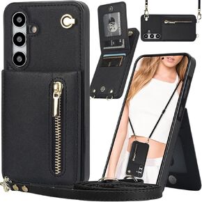 Crossbody Wallet Case for Samsung Galaxy S24-FE with Card Holder, PU Leather Removable Lanyard Strap with Zipper Purse Flip Kickstand Cover for Galaxy S24 FE ZP Red