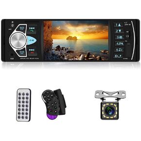 Multimedia Car Stereo Single Din Car Radio 4.1 Inch Digital Screen Bluetooth Audio and Hands Free Calling FM Radio Receiver MP5 Player Support AUX TF USB SWC Remote Control 12 Led Rear View Camera