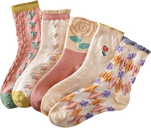 Womens Floral Socks, Cute Vintage Embroidered Frilly Socks, Kawaii Girly Casual Cotton Crew Ruffle Ankle Cottagecore Socks in Saudi Arabia