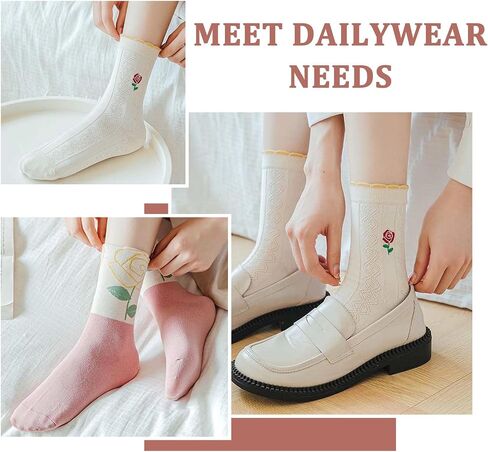 Womens Floral Socks, Cute Vintage Embroidered Frilly Socks, Kawaii Girly Casual Cotton Crew Ruffle Ankle Cottagecore Socks in Saudi Arabia