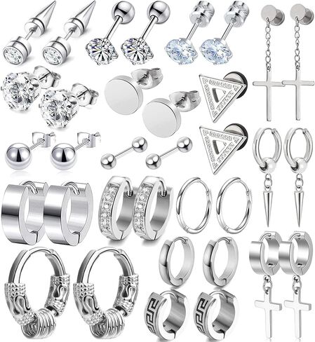 17 زوجًا من الأقراط للرجال، أقراط من الفولاذ المقاوم للصدأ للرجال ذوي البشرة الحساسة، طقم أقراط متدلية على شكل حلق أسود أنيق، مجموعة أقراط متدلية متقاطعة لا تسبب الحساسية، لامعة تدوم طويلاً in Kuwait