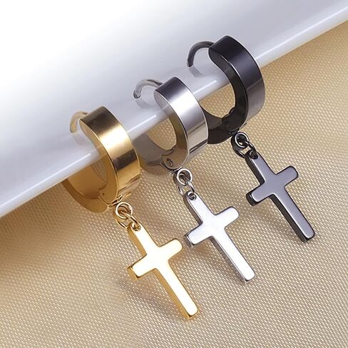 17 زوجًا من الأقراط للرجال، أقراط من الفولاذ المقاوم للصدأ للرجال ذوي البشرة الحساسة، طقم أقراط متدلية على شكل حلق أسود أنيق، مجموعة أقراط متدلية متقاطعة لا تسبب الحساسية، لامعة تدوم طويلاً in Kuwait