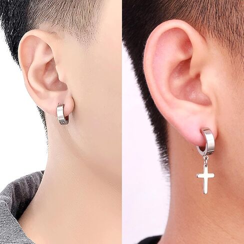 17 زوجًا من الأقراط للرجال، أقراط من الفولاذ المقاوم للصدأ للرجال ذوي البشرة الحساسة، طقم أقراط متدلية على شكل حلق أسود أنيق، مجموعة أقراط متدلية متقاطعة لا تسبب الحساسية، لامعة تدوم طويلاً in Kuwait