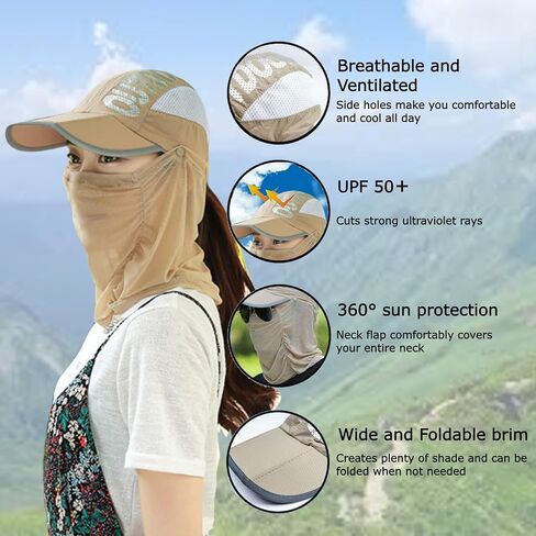 Two KAT Sun Protection Foldable Wide Brim & Neck Flap Face Mask Hat, Lightweight Balaclava Breathable Cap Fishing Outdoor in Saudi Arabia