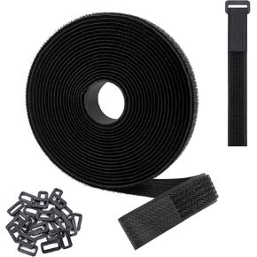 Quacc 1 Roll 5M Cable Straps Reusable Cable Ties with 25 Buckles Nylon Buckles Straps for Cable Tidy, Wire Management (Black)