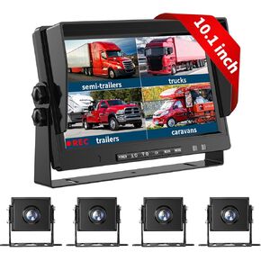 AHD Truck Backup Cameras with Monitor, 10.1’HD Quad Split Screen Monitor 4 Cameras 1080P Backup Camera for Trucks Trailer RV Bus Travel